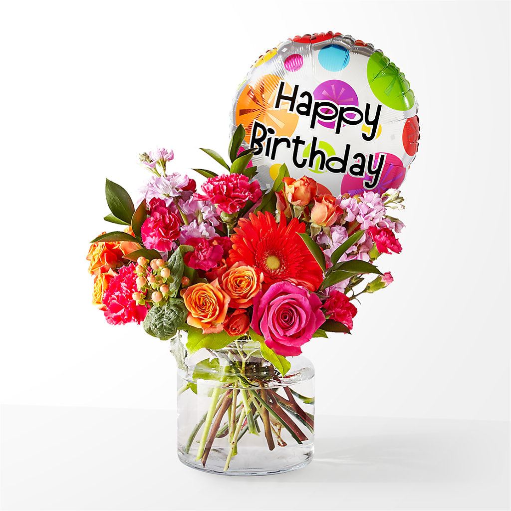 Fiesta Bouquet with Birthday Balloon – PICKET FENCE FLORAL & DESIGN, Holland MI