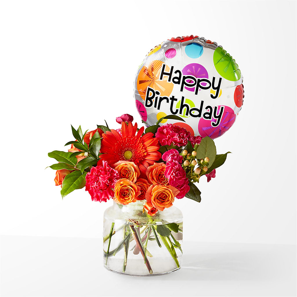 Fiesta Bouquet with Birthday Balloon – PICKET FENCE FLORAL & DESIGN, Holland MI