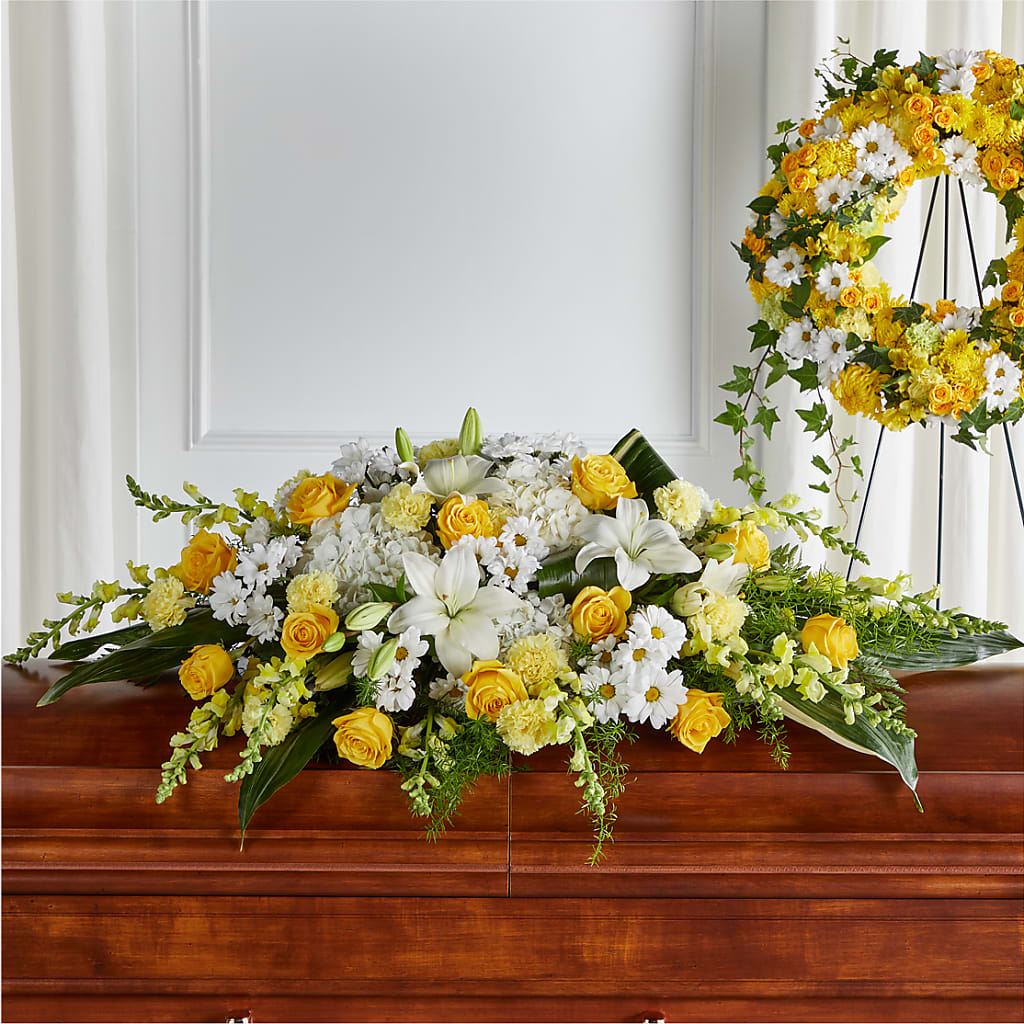 Golden Harmony Casket Spray – PICKET FENCE FLORAL & DESIGN, Holland MI