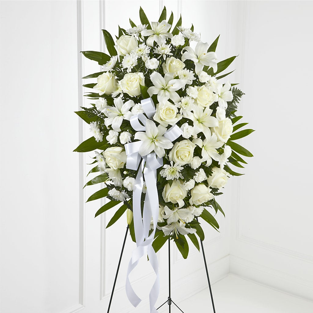 Exquisite Tribute Standing Spray-White Ribbon – PICKET FENCE FLORAL & DESIGN, Holland MI