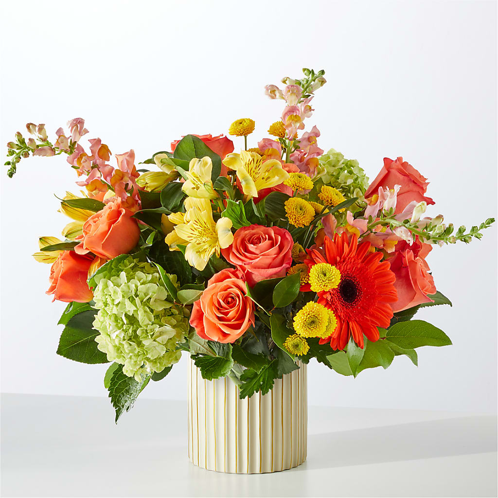 Autumn Sunshine Bouquet with Ivory Vase – PICKET FENCE FLORAL & DESIGN, Holland MI