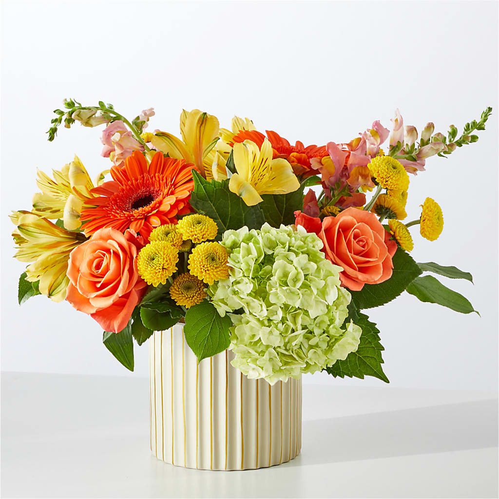 Autumn Sunshine Bouquet with Ivory Vase – PICKET FENCE FLORAL & DESIGN, Holland MI