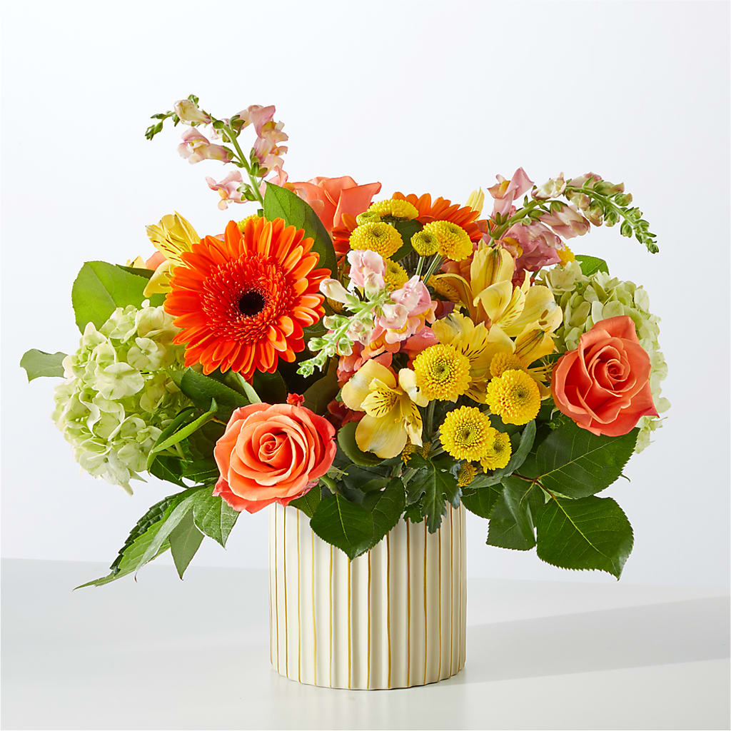 Autumn Sunshine Bouquet with Ivory Vase – PICKET FENCE FLORAL & DESIGN, Holland MI