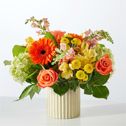 Autumn Sunshine Bouquet with Ivory Vase – PICKET FENCE FLORAL & DESIGN, Holland MI